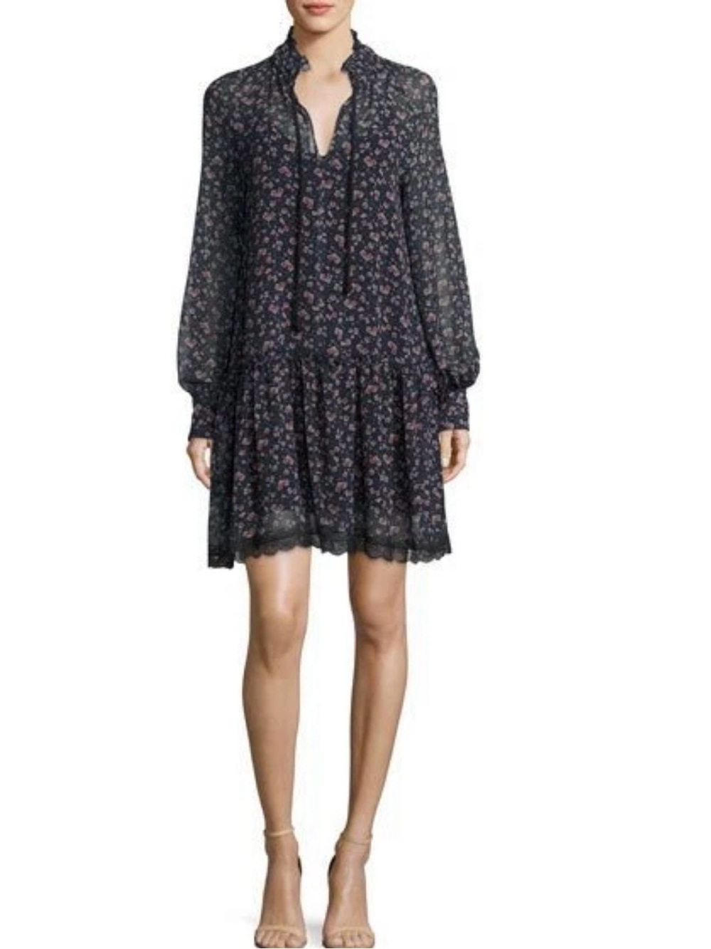 See By Chloe Navy Blue Floral Tie-Neck Long Sleeve Mini Dress, Ruffle Detail, 36